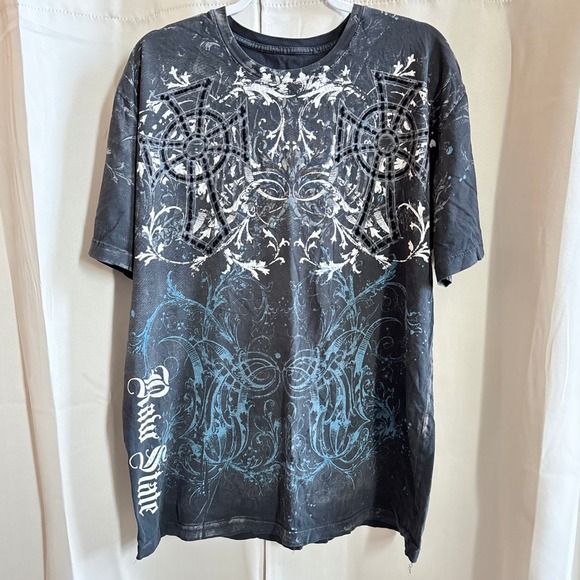 Raw State Affliction Y2K Mens Shirt Black Blue Tattoo Style Grunge Gothic 19529